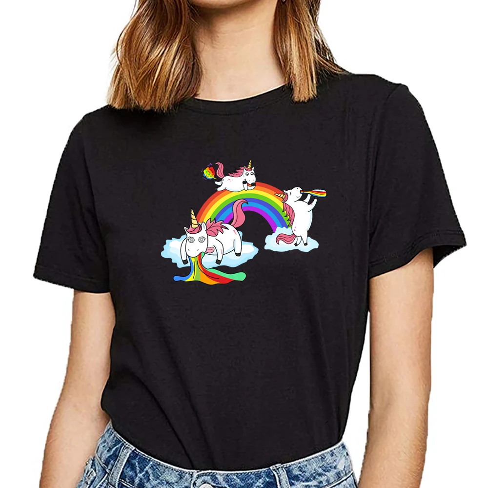 

Tops T Shirt Women unicorn drunken puking farting Vogue Vintage Cotton Female Tshirt