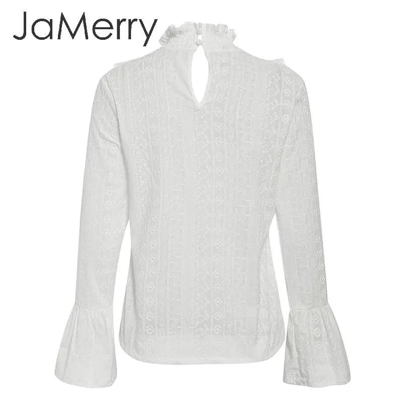 Женская хлопковая блузка с оборками JaMerry элегантная офисная белая воротником