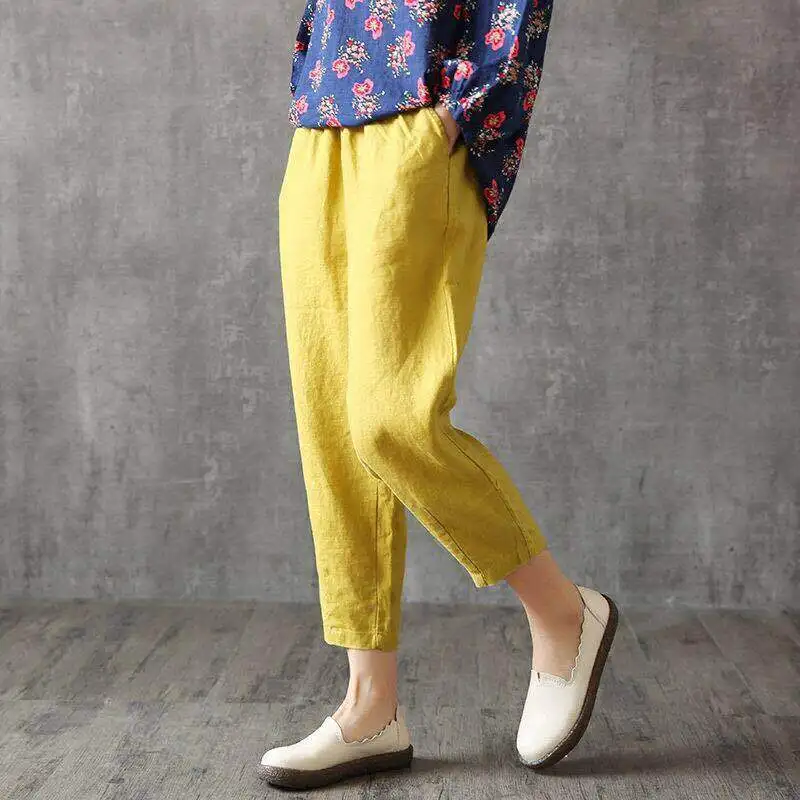 Shimai Vintage Plus Size Cotton Women Pants Summer Elastic Waist Loose Casual Korean Pants Women's Pocket Cotton Linen Trousers