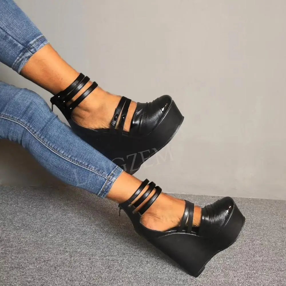 

Женские босоножки на танкетке BERZIMER, туфли-лодочки с ремешком на щиколотке и застежкой-молнией сзади, большие размеры 39, 45, 47, 52