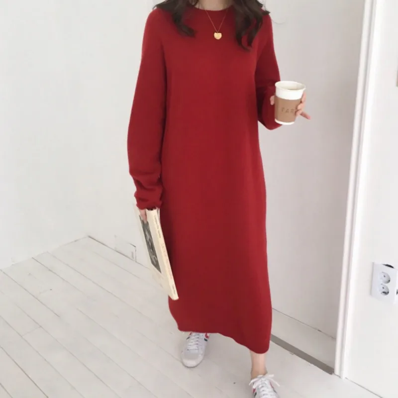 

Women Autumn Winter Long knitted Sweater Dress Female Pullover Long Sleeve Straight Oversized Round Collar