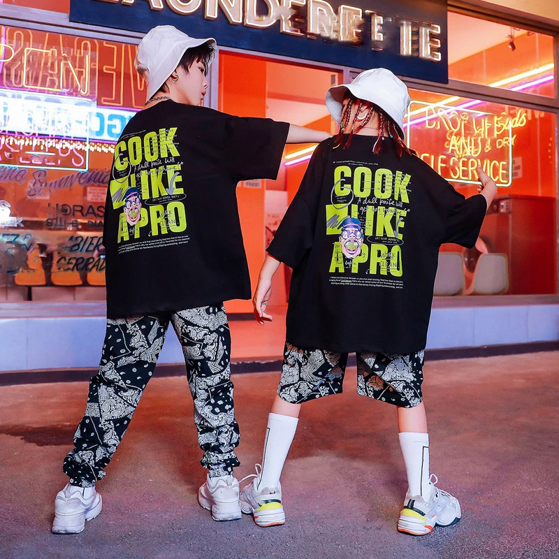 

Fashion Modern Dance Hip Hop Clothing For Kids Children Short Sleeve Tops Loose Pants Suit Jazz Performance Rave Clothes DN8105