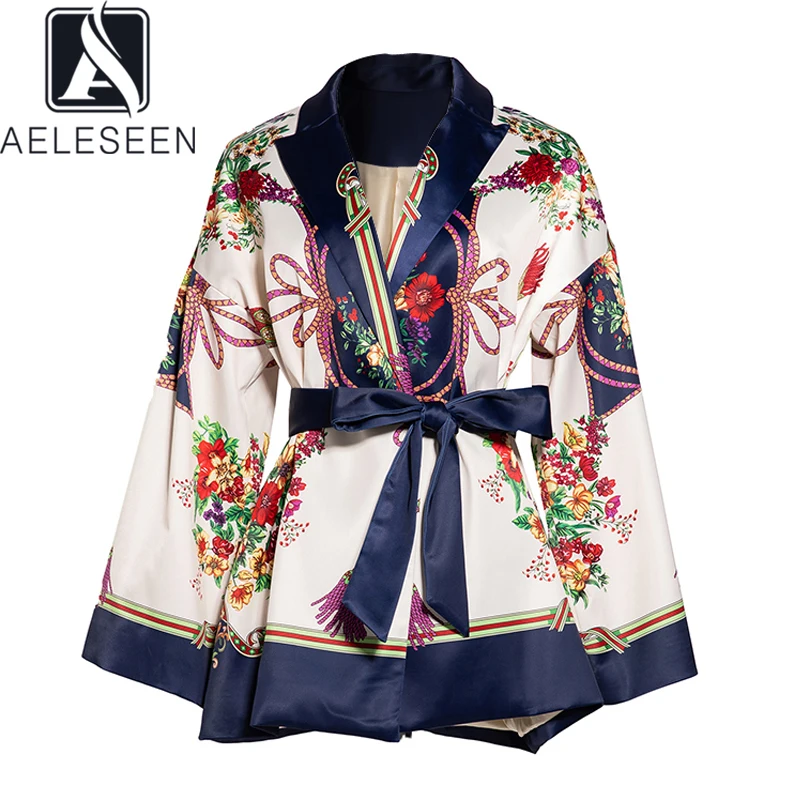 

AELESEEN 2020 High Quality Fashion Flower Print Kimono Coat Vintage Jacket Open Stitch Tie Belt Loose Outerwear Casual Jacket