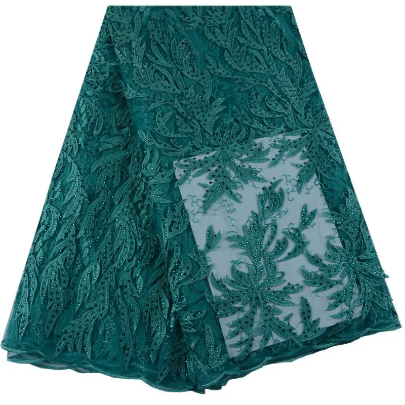 

2022 нигерийский Лидер продаж, зеленое Тюлевое кружево, Африканский высококачественный гипюр, 5 ярдов, вуаль, ткань с бусинами для свадебного ...