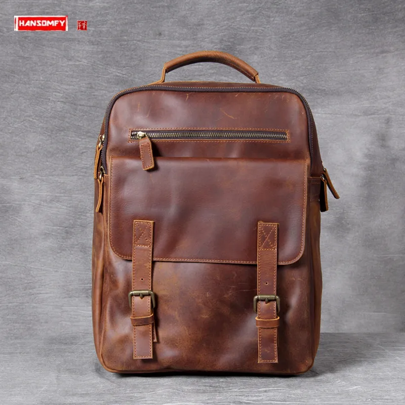 

New Retro Crazy Horse Leather Backpack Men Shoulder Bag Laptop Backpack Male Schoolbag Travel Bag Handmade First Layer Cowhide