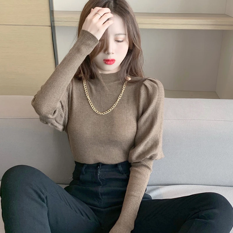 Свитер в стиле ретро с пышными рукавами новинка 2020 Женская Удлиненная водолазка