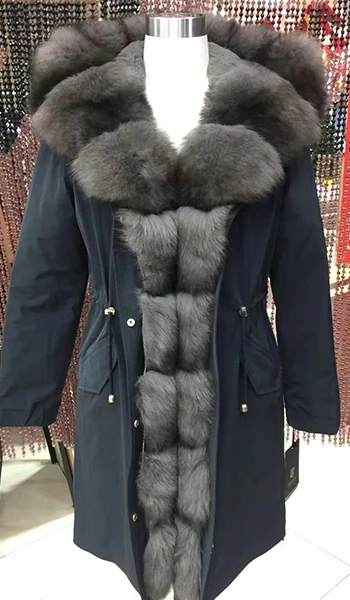 gray 41fb 15m Женская зимняя длинная парка, пальто, куртка с капюшоном, Воротник из енота и лисы, съемная подкладка из кролика, 43D 66081 - Цвет: gray 41fb 15m