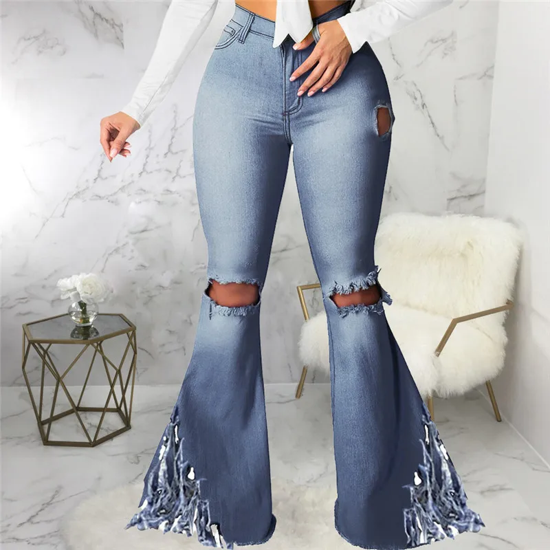 

Women 2021 Vintage Skinny Flared Denim Pants Streetwear Solid Cut Out Hole Ripped Jeans High Waist Tassels Plus Size Trousers