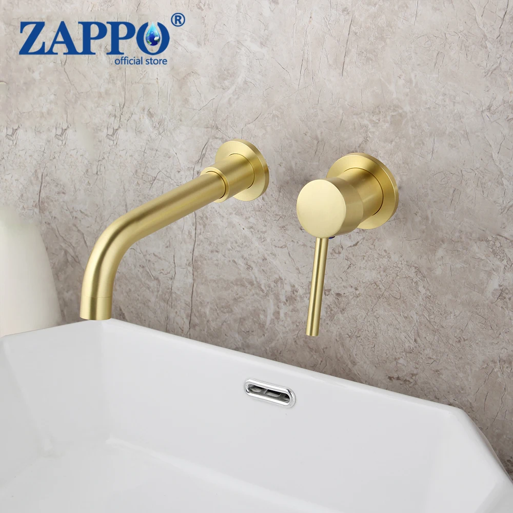 

ZAPPO Wall Mounted Bathroom Basin Sink Faucet Solid Brass Hot & Cold Water Mixer Golden Bathtub Faucet Brushed Golden Tap