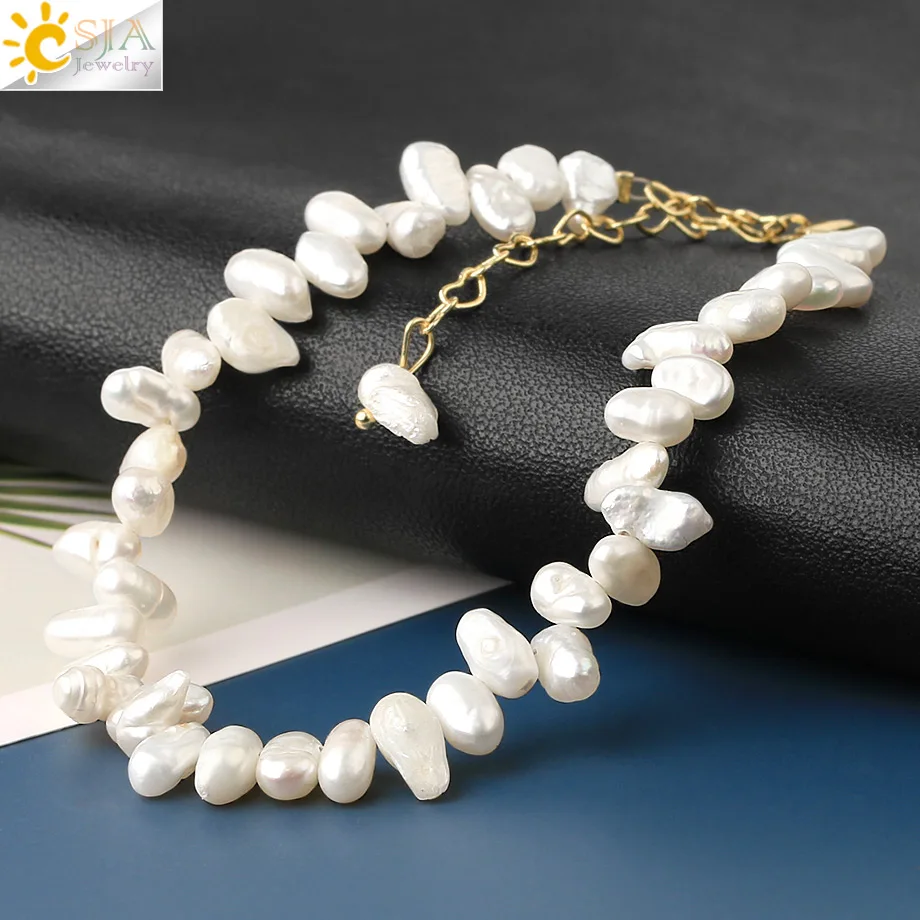 CSJA Irregular Natural Pearl Strand Bracelets Baroque White Bead Gold Color Adjustable Bracelet for Women Girl Jewelry Gift G569 | Украшения