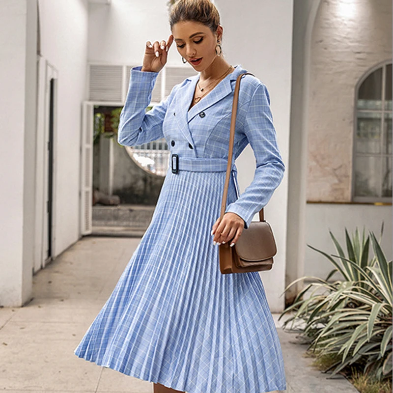 Платье миди зимнее Плиссированное в клетку с поясом|Женские платья| |