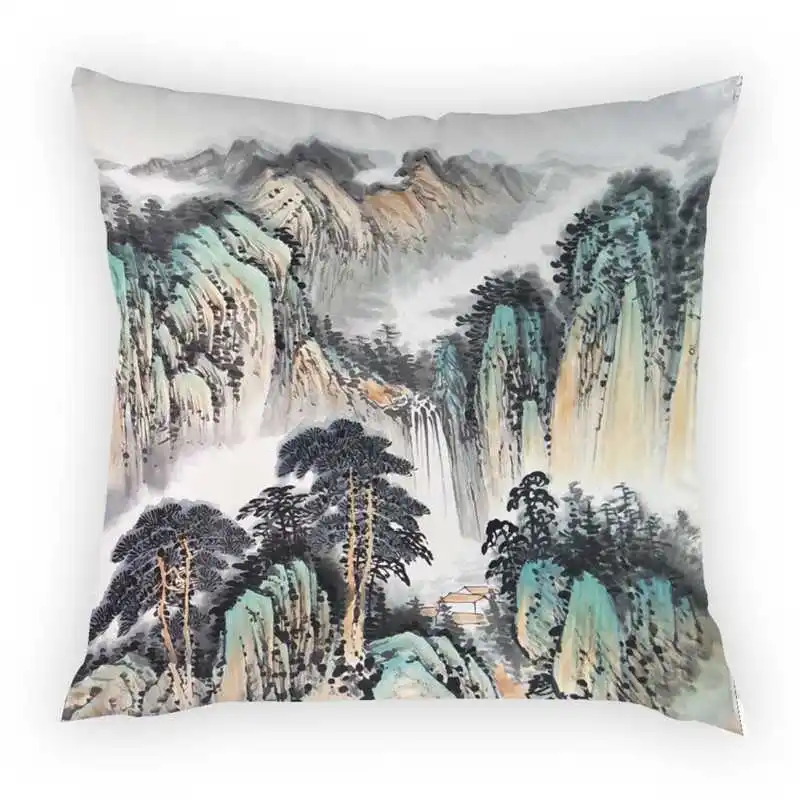 Nature Landscape Chinese Style Cushion Cover Waterfall Lake Deciduous Forest Car Home Decorative Peach Skin Pillow Cases 45*45cm | Дом и сад