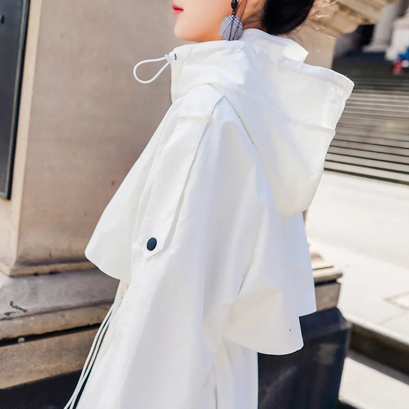 

British Style Windbreaker Women's Trench Coats Long Korean Plus Size Loose Female Jackets White Zipper Girls Hooded Outwears