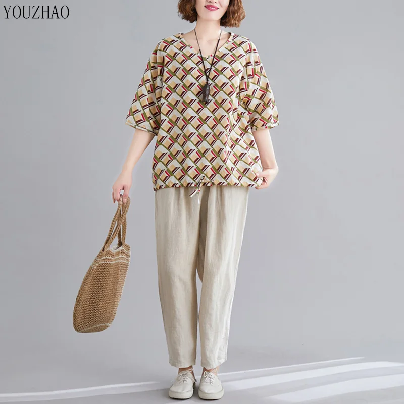 Женская свободная футболка большого размера с геометрическим принтом модная