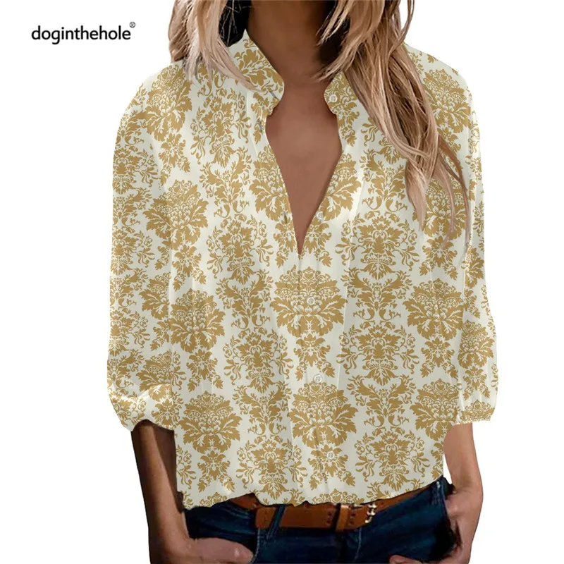 

Women Long Sleeve Shirt Elegant Golden Europe Flower Print White Office Blouse 2021 Autumn Casual Button Streetwear Blusas Mujer