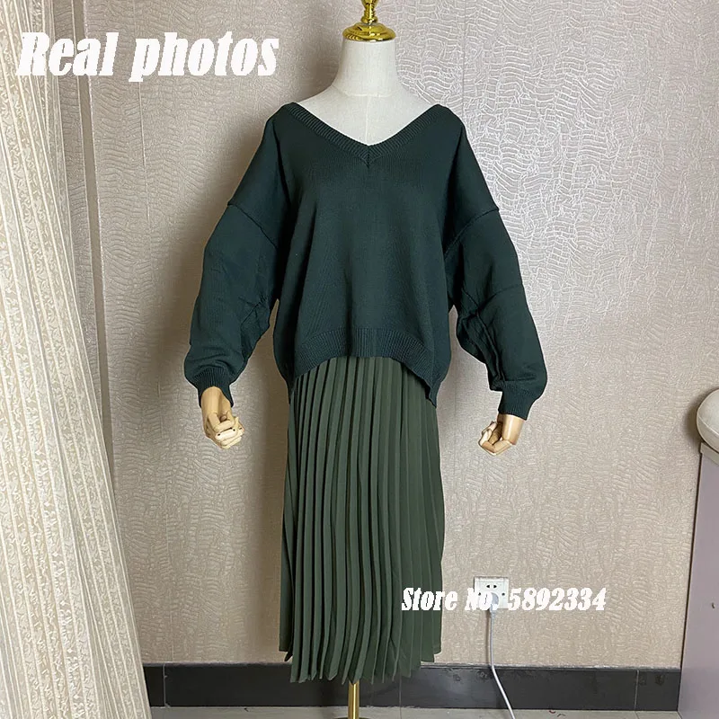 

2021 New Autumn Winter Knitted 2 Pieces Set Women Sexy V Neck Dot Pullover Sweater +Elastic High Waist Pleated Skirt Suits TZ551