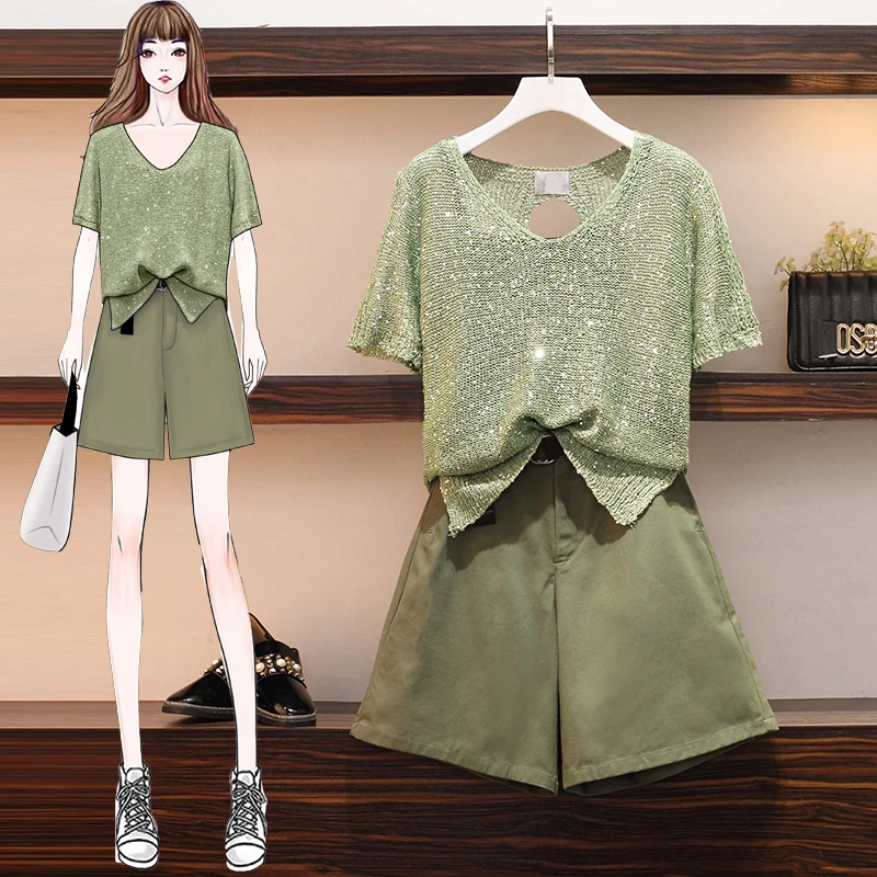 

plus size 2020 Summer Women Casual two piece set V-neck Solid sequined Tops + Short Pockets Belt Wide leg pants Set 2 Piece Set