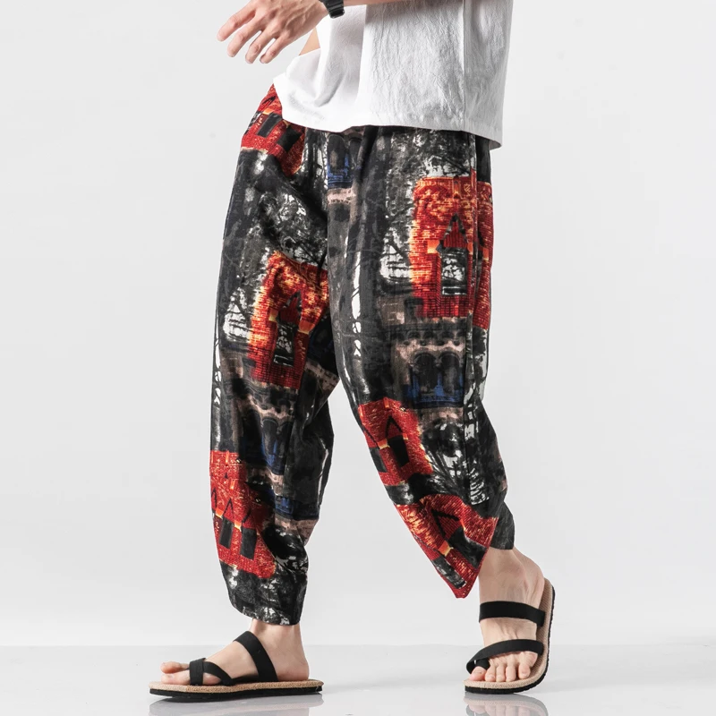 

Мужские шаровары, из размера плюс хлопка и льна, повседневные штаны для бега, штаны в китайском стиле ретро с принтом, 5XL