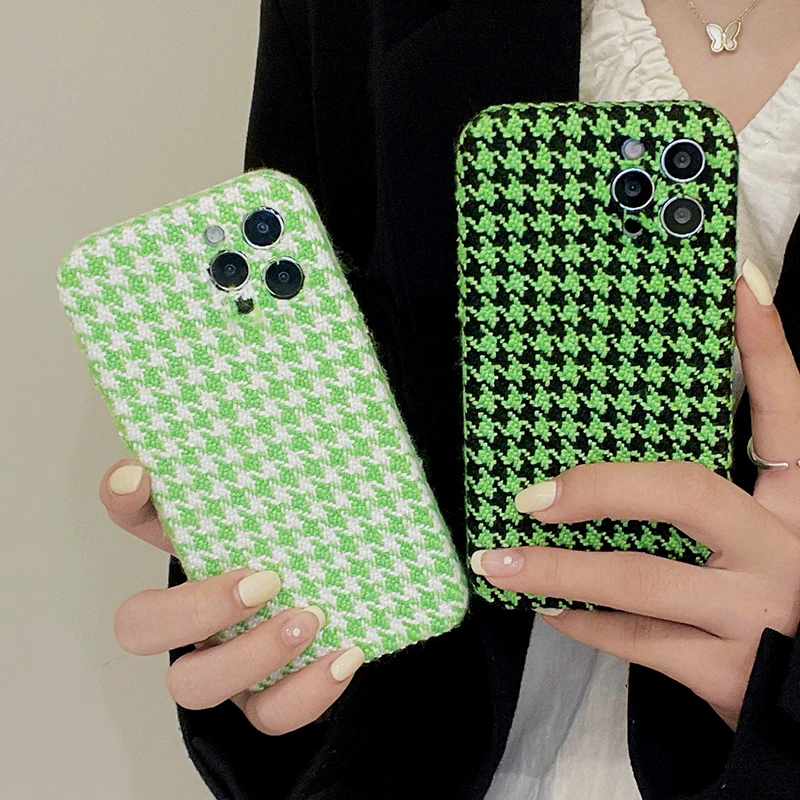 

Green Houndstooth Knited Fabric Soft Phone Case For iPhone 13 12 11 Pro Max X XR XS Max 7 8 Plus Warm Plush Plaid Cloth Cover