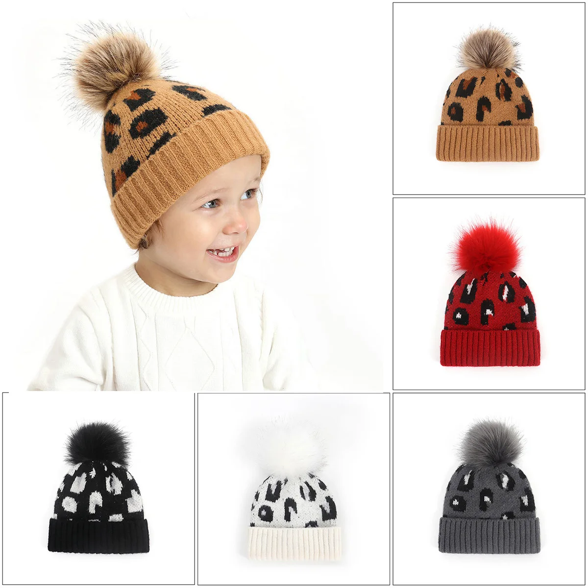 

Вязаные зимние шапки с леопардовым принтом для детей, Шапка-бини, детская шапка, милые модные детские шапки с помпоном из мохера для девочек ...