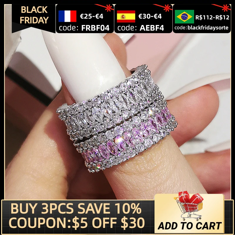 

2pcs Per Set Luxury Pack Pink 925 Sterling Silver Wedding Band Eternity Ring for Women Gift Finger Lots Jewelry R5579