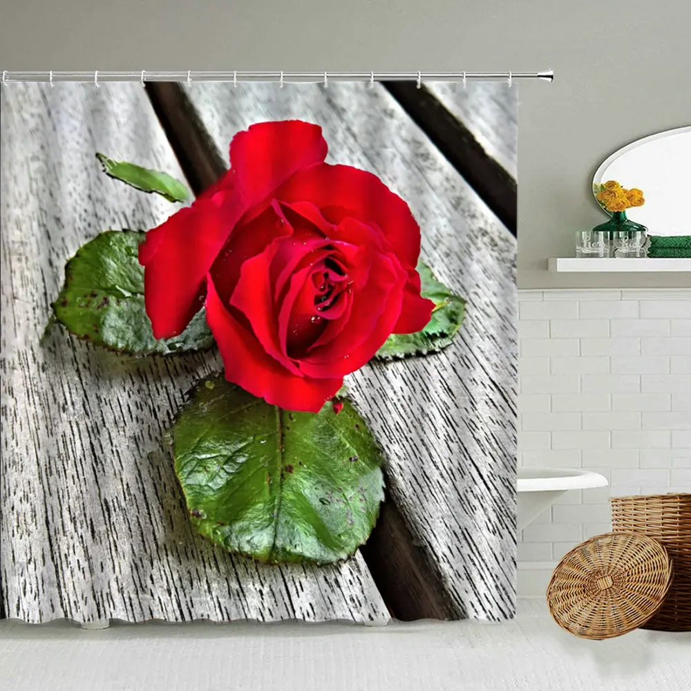 

Red Rose Petal Love Pattern Bathroom Waterproof Shower Curtain Retro Old Wooden Board Girl Bathtub Decoration Screen Washable