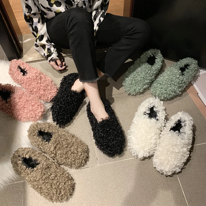 Зимние женские туфли на плоской подошве из овечьей шерсти без застежки удобные