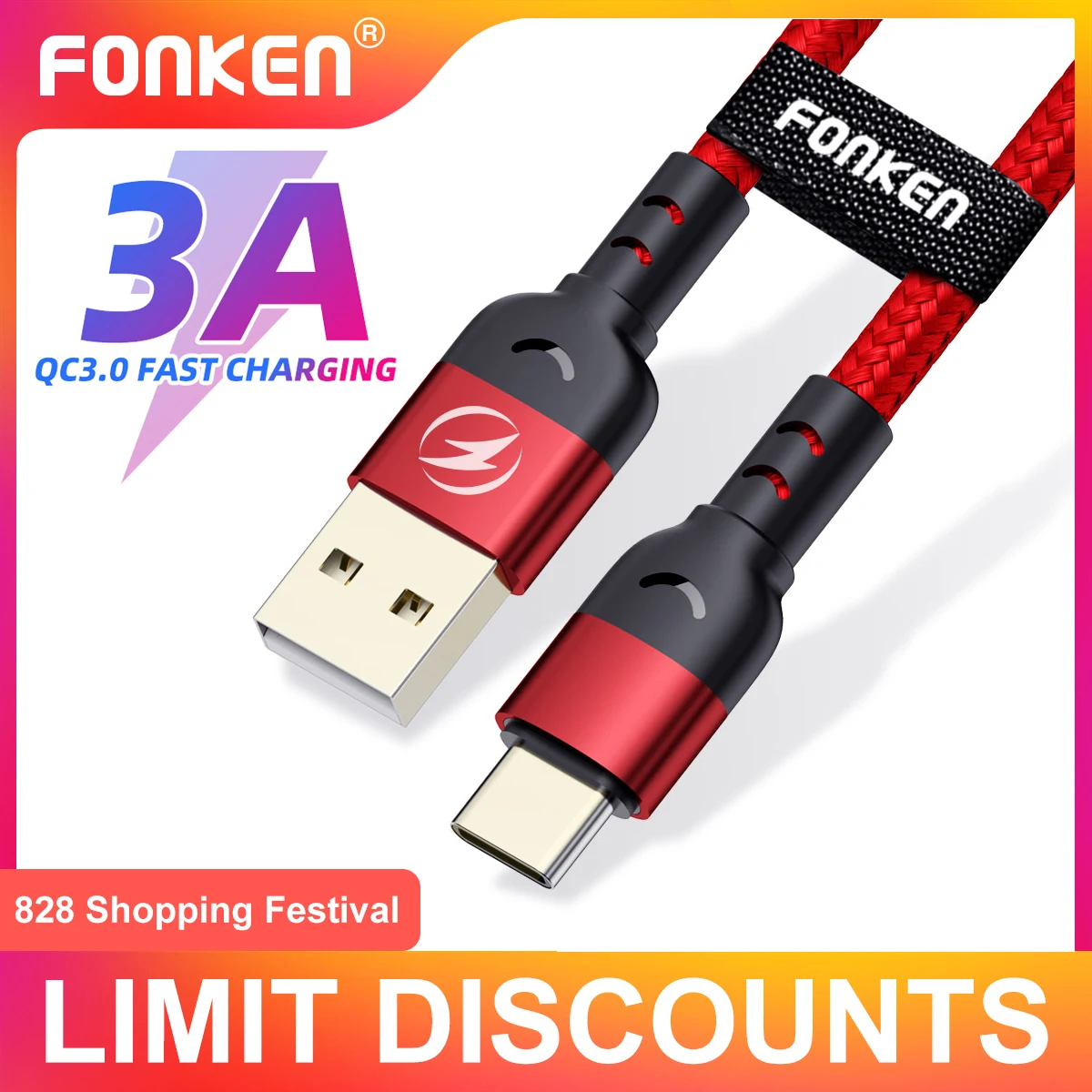 FONKEN AC23 Кабель Usb C для быстрой зарядки телефона шнур 3 А 1 м 2 зарядное устройство type