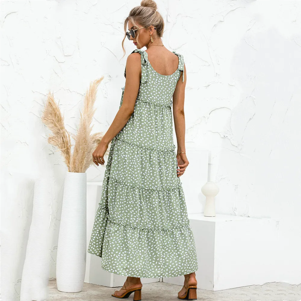 

Fashion Round Neck Sleeveless Big Swing Maxi Dresses For Women 2021 Summer New Lace-Up Dot Ruffle Stitching Dress Robes Femme