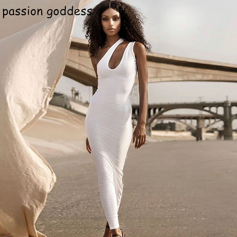 

Summer Slim Bodycon Hollow Out One-Shoulder Long Dress for Women Black White Sexy Skinny Long Maxi Party Dress Vestido Feminino