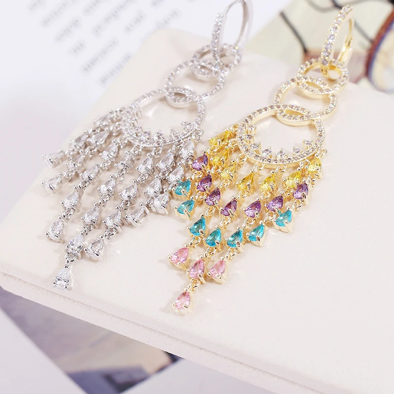 VERY GIRl New Brand 69mm Beautiful Bohemia Cubic Zircon Crystal Tassel Earrings Drop for Women Wedding Jewelry | Украшения и