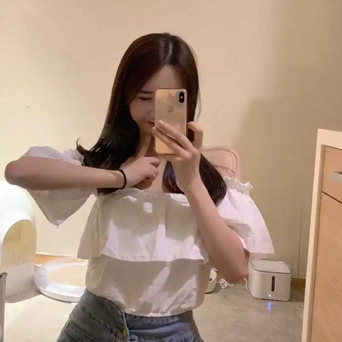

Spring and Summer New Fashion Women's Clothing Sexy off-Shoulder All-Matching Short Top Simple Solid Color Pullover Shirt