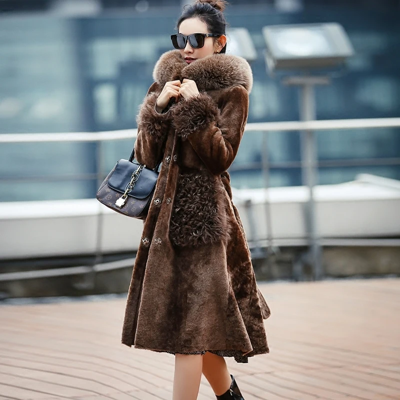 

Double Faced Coat Female Fox Collar Natural Sheep Shearling Fur Winter Women Genuine Leather Jacket MY