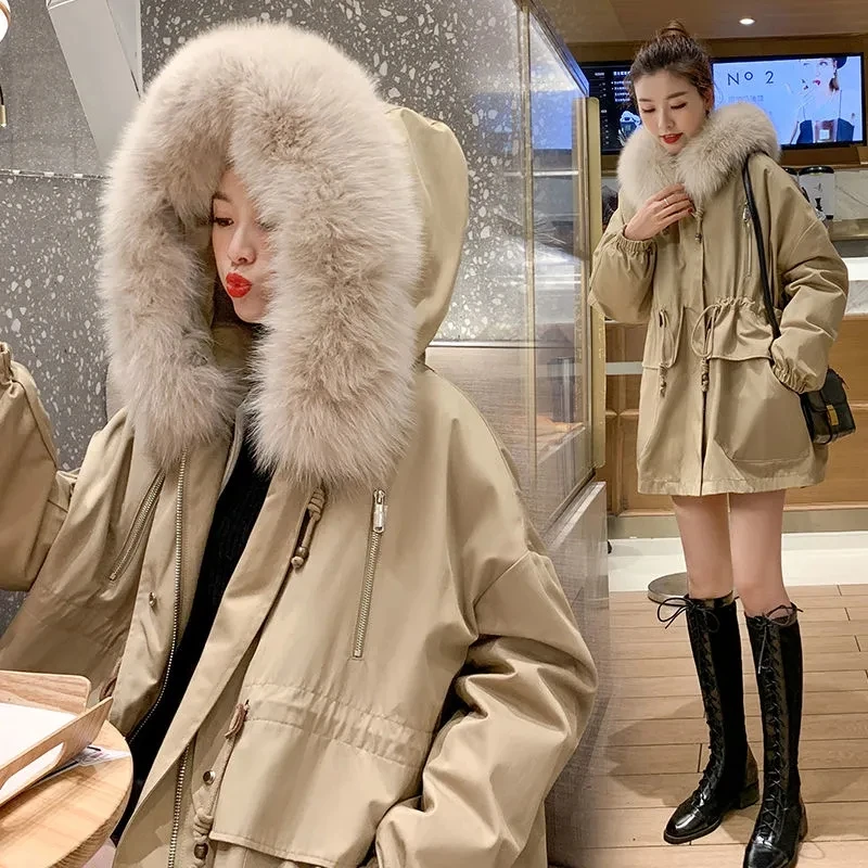 

Oversized Winter Jacket Women Big Fur Collar Parka Coat Winter Warm Down Cotton Hooded Jacket Coat Casual Loose Down Cotton Coat