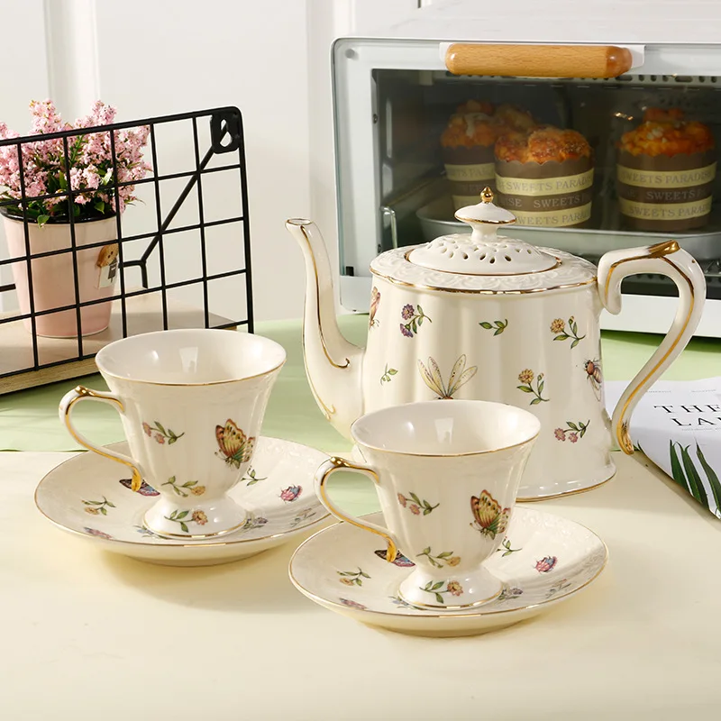 

French Retro Coffee Cup Pot Creative Cute Cream Floral Dragonfly Butterfly Afternoon Tea Ceramic Cup Luxury Home Gift Teapot