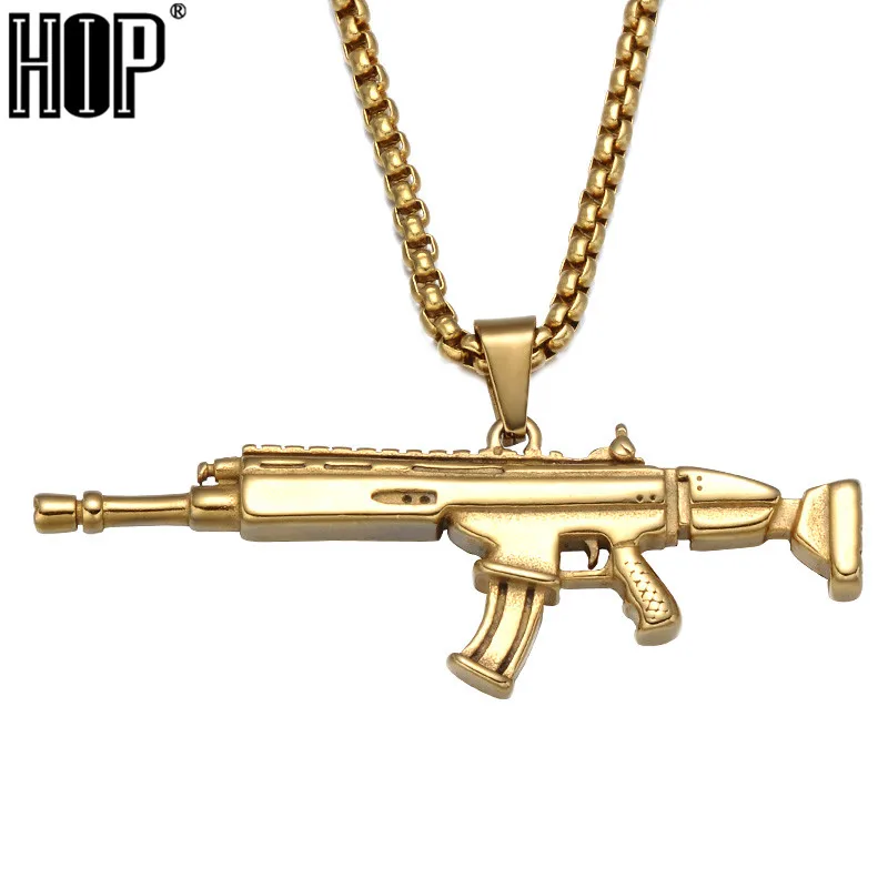 

HIP Hop Gold Color Stainless Steel Bling Iced Out Rope Chain Gun Pendants & Necklaces for Men Jewelry