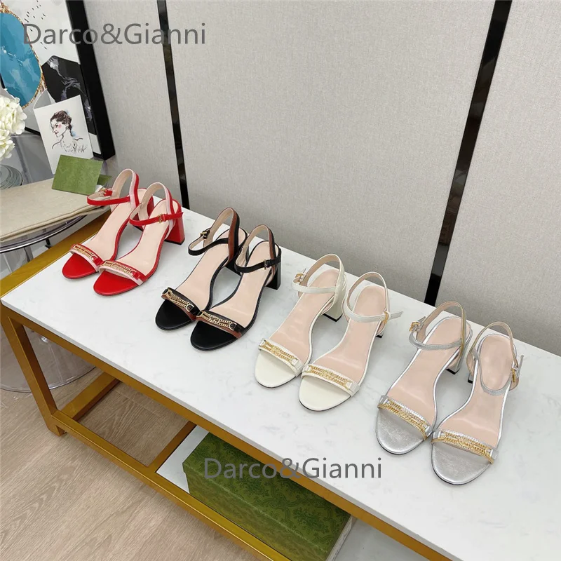 

2021 classic chain high-heeled women's sandals leather uppers Soles Luxury design Ladies Outdoor Slides Beach Shoes mid heels