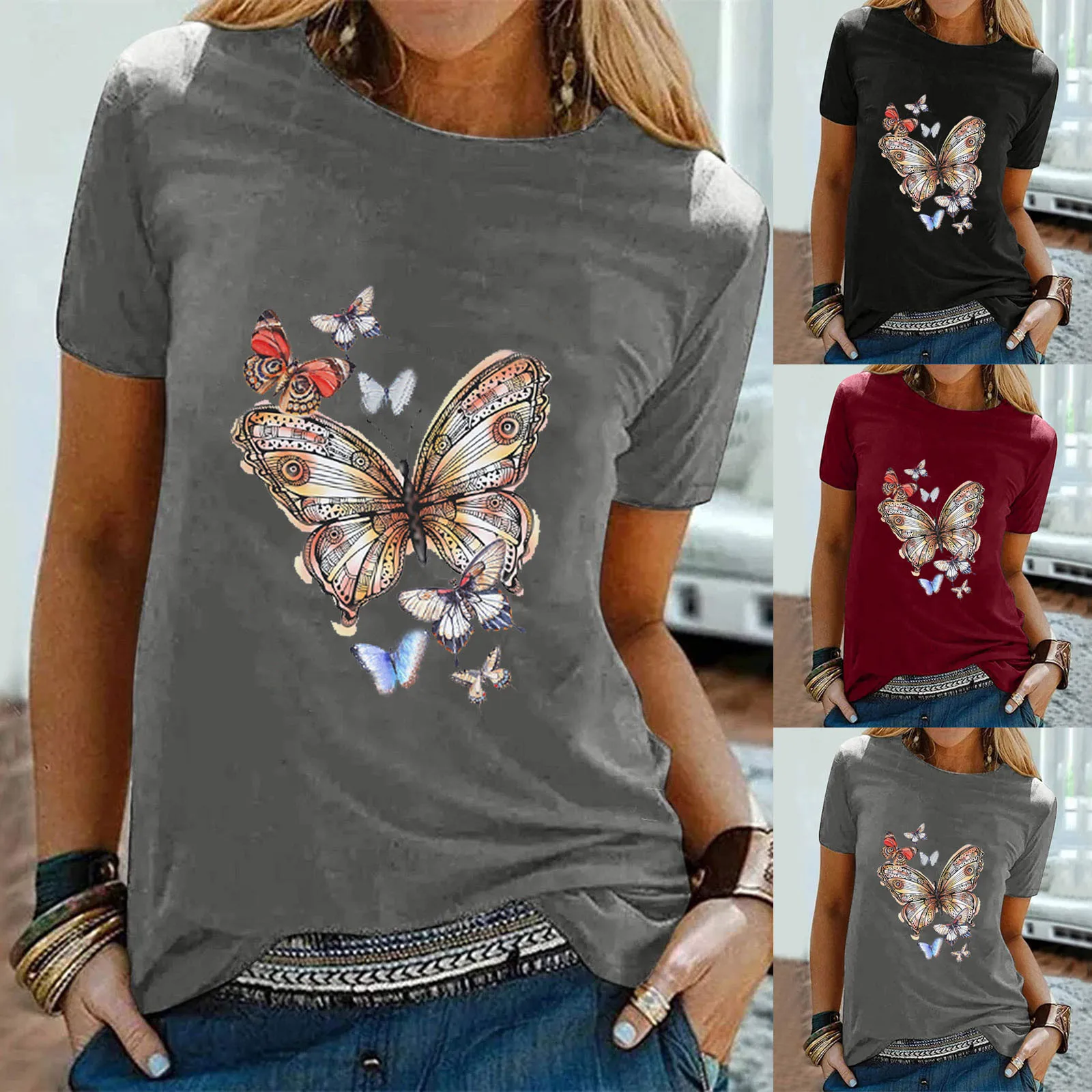 

Модная блузка с принтом бабочки, рубашка, свободные топы с круглым вырезом, футболка, летние повседневные женские топы, женские блузы с коро...
