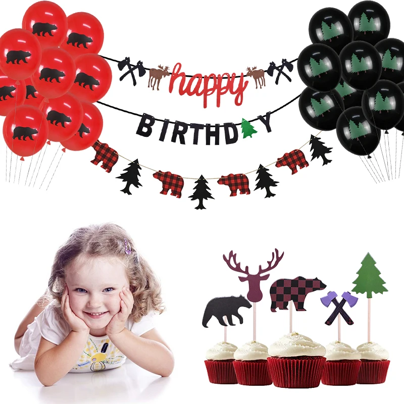 Латексный Шар Lumberjack креативный медведь буйвол дерево баннер торт Топпер Baby Shower