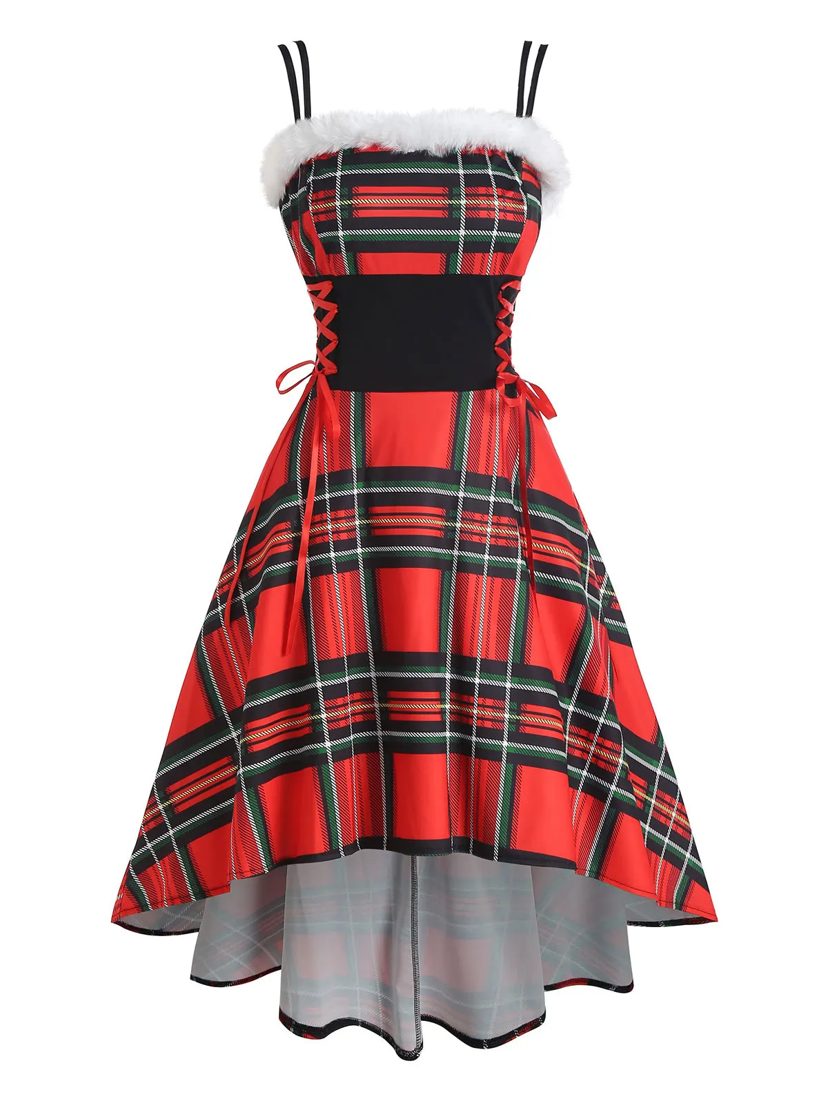 

Faux Fur Insert Plaid Lace Up High Low Dress Dip Hem Dual Strap Empire Waist Christmas Semi Formal Dresses Female New