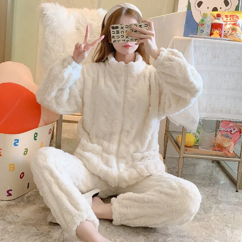New Coral Velvet Pajamas Women's Autumn and Winter Flannel Thickened Plush Warm Casual Home Suit  Pajama Set Women