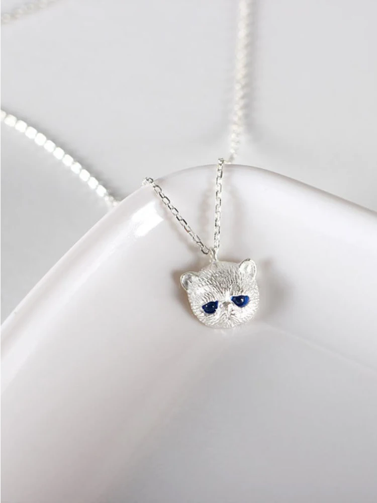 

SILVERHOO Sterling Silver 925 Jewelry Cute Cat Animal Pendant Necklace For Women Girls Simple Blue Zircon Choker Necklaces