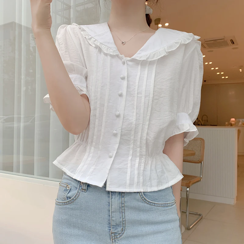 

shintimes Short White Shirt Ruffles Blouse Women Clothes 2020 Summer Tops Button Preppy Style New Peter Pan Colla Blouses Ladies
