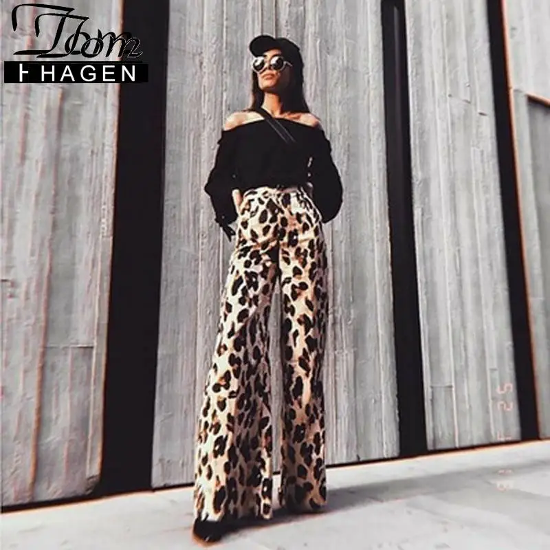 Брюки женские с широкими штанинами повседневные мешковатые леопардовые штаны в