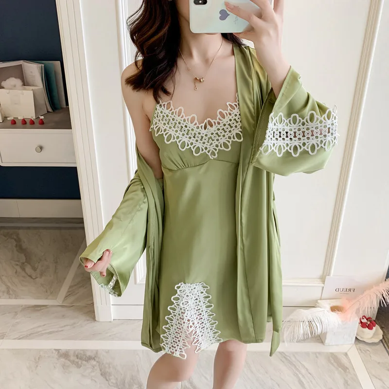 

Women Robe & Gown Sets Sexy Lace Sleep Lounge Pijama Long Sleeve Ladies Nightwear Bathrobe Nightdress Sets With Chest Pads