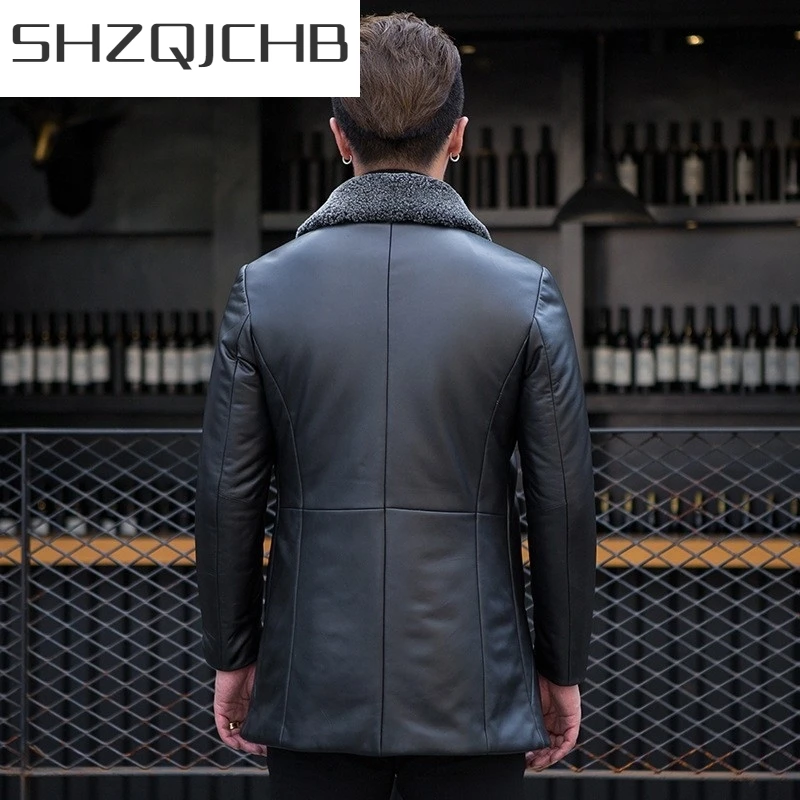 

JCHB 2021 Winter Genuine Leather Warm Jacket Men Brand Real Wool Collar Detachable Zipper Medium Long Coat Black Casual Business