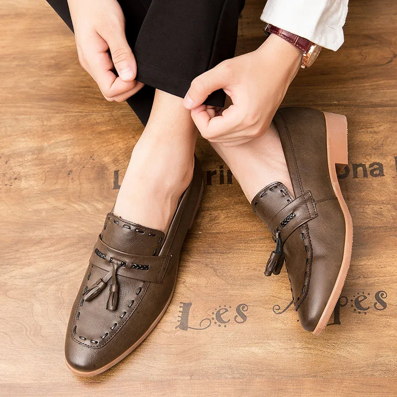 Лоферы мужские кожаные дышащие повседневная обувь для вождения Мокасины бахрома