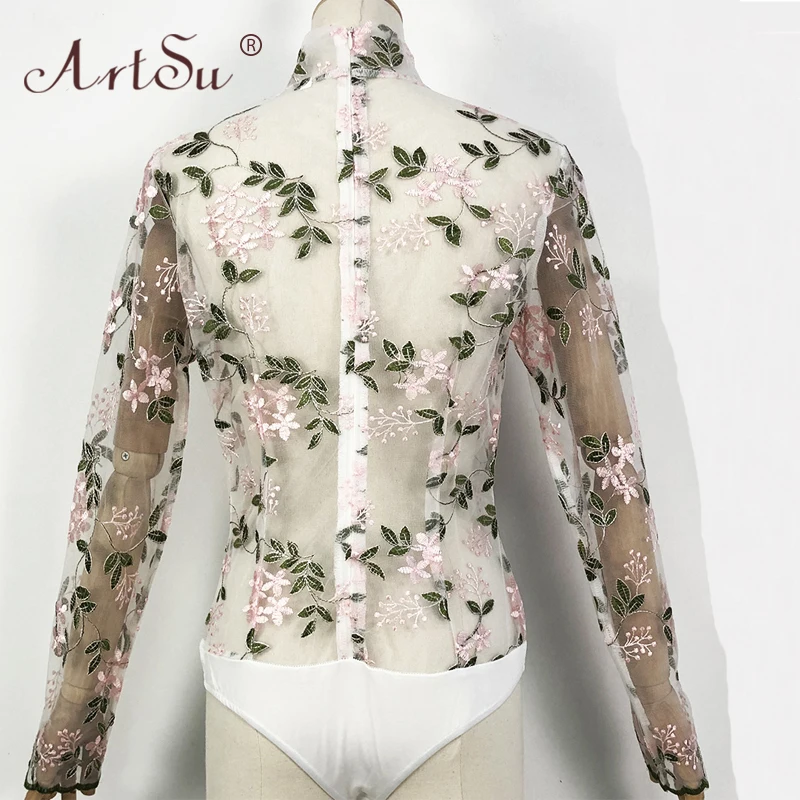 

ArtSu Women Turtleneck Sexy Perspective Floral Embroidery White Lace Bodysuit Overalls 2020 Spring Long Sleeve Party Bodysuits