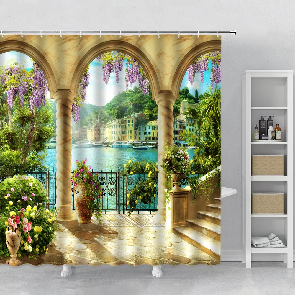 

European Floral Landscape Shower Curtain Purple Flowers Arch Door Ocean Building Scenery Bath Curtains Bathroom Bathtub Decor