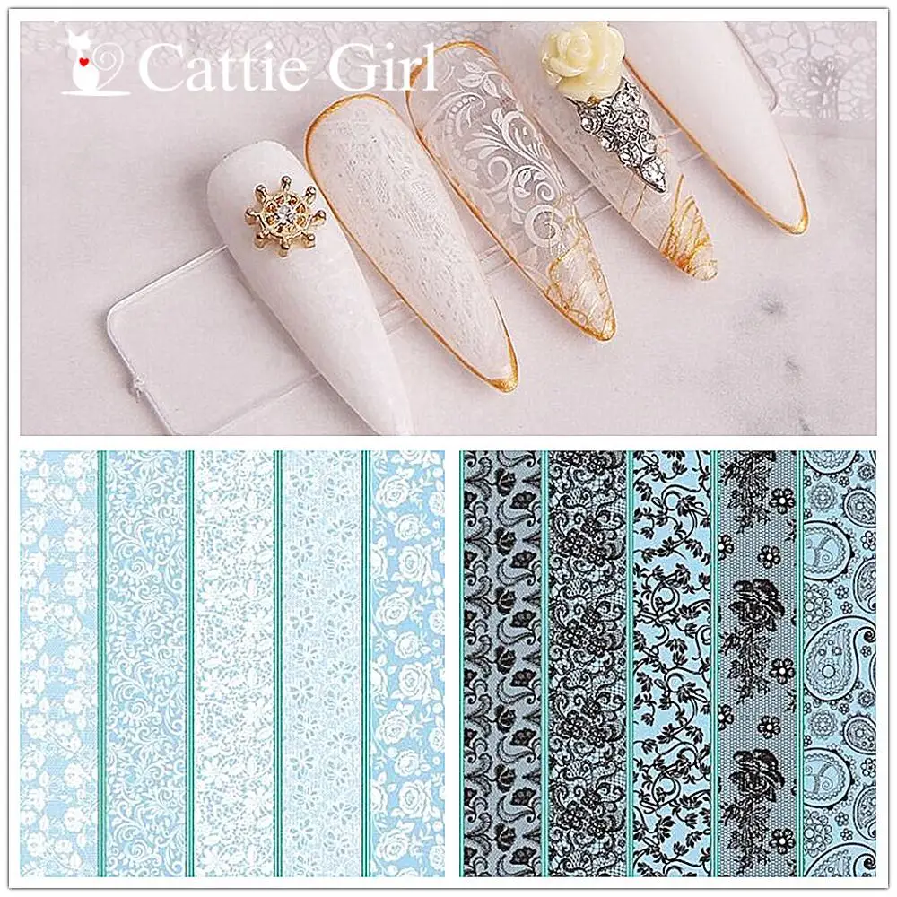 

10 Sheets 2.5*50cm Nails Foil Black White Lace Flower Macrame Stickers Manicure Nail Art Transfer Paper Nails Art Decals